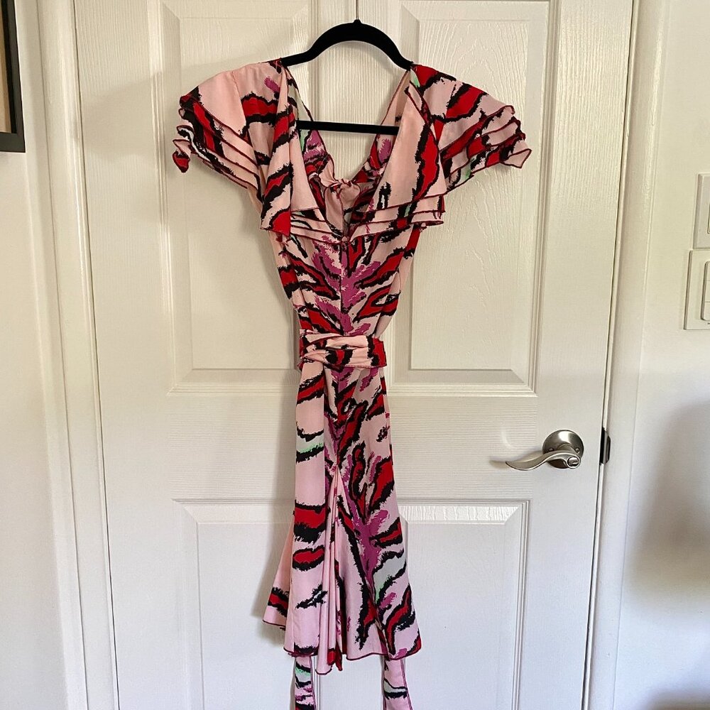 Pink Red and Mint Green Tiger Stripe Party Dress with Belt and Tie at Neck